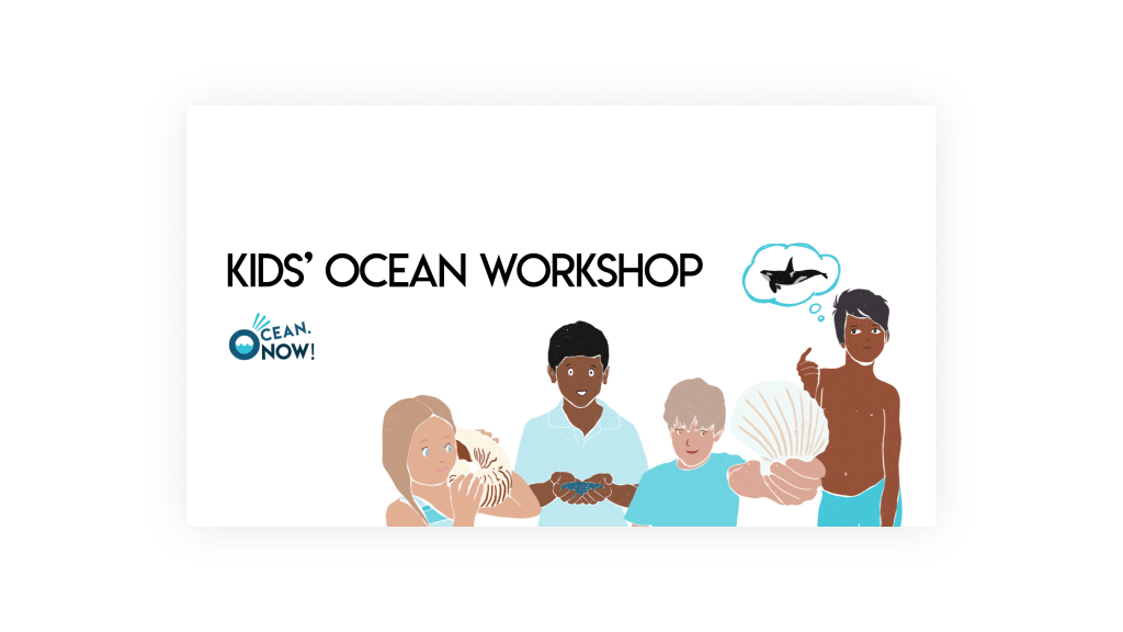 Preview of the Kids' Ocean Workshop page by Ocean Now NGO. Features the NGO logo and four illustrated children by Viktoria Spokojna: a blonde girl holding a large shell to her ear, a Black boy with dark hair laughing and holding sand, a blonde boy holding a shell forward, and a Black boy imagining an orca. Blue-dominant colour palette matching the NGO's CI.